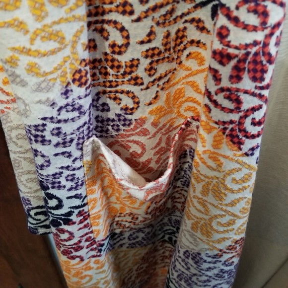 LuLaRoe Cardigan Long Duster Size L Beige Purple Open Front Patchwork - Picture 4 of 13